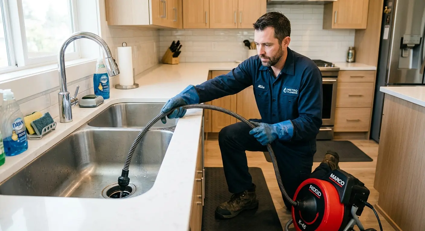 Drain cleaning technician using a motorized snake on a kitchen sink in Pocatello