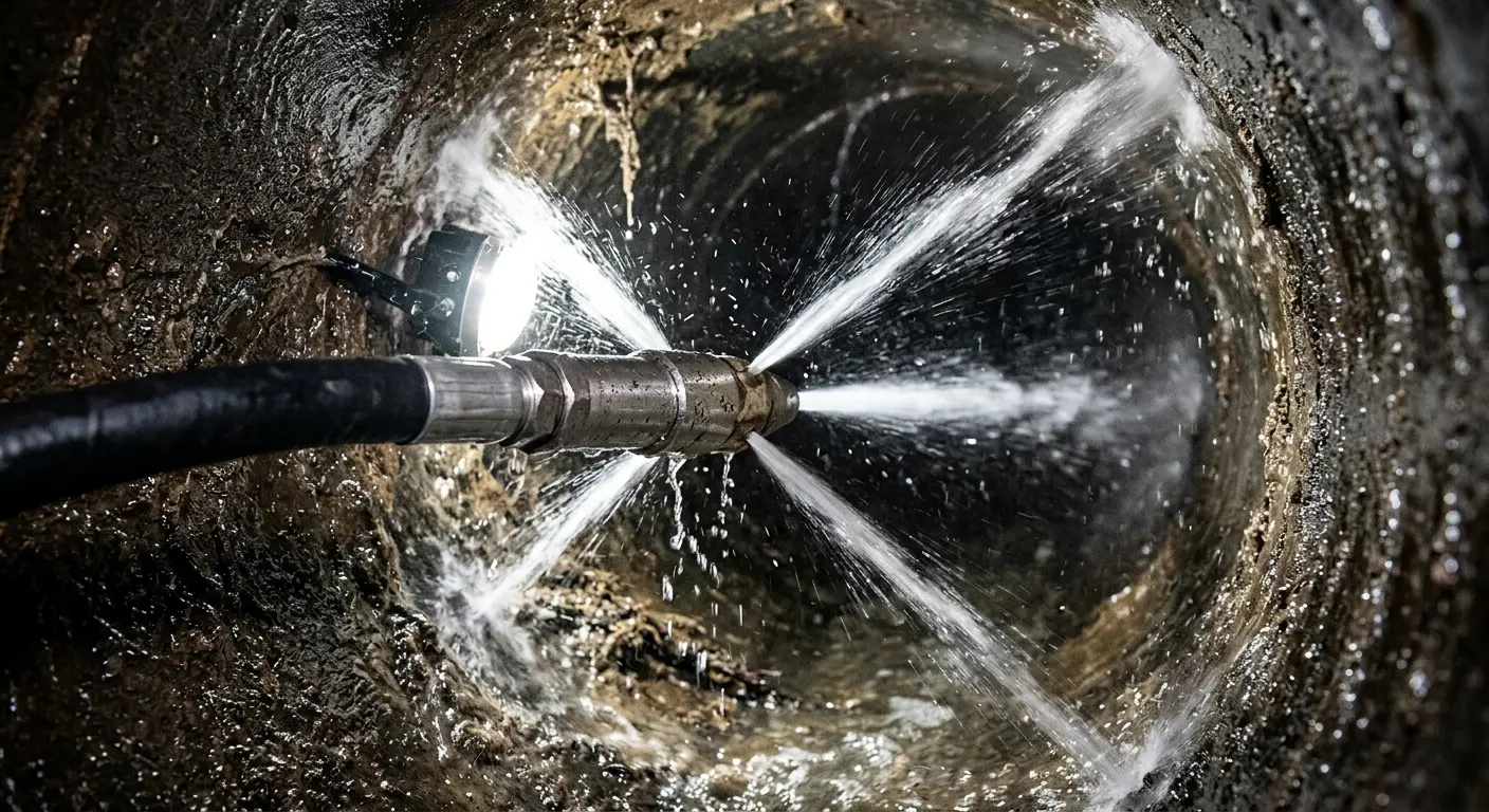 High-pressure hydro jetting nozzle cleaning sewer pipe for Trenchless Sewer Repair in Pocatello