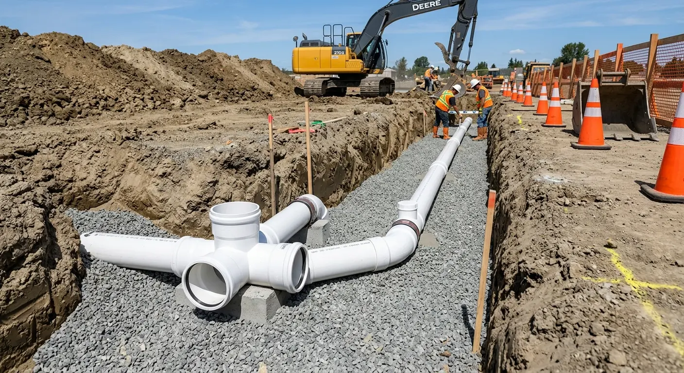 New PVC sewer pipe installation in open trench for Sewer Backup in Pocatello