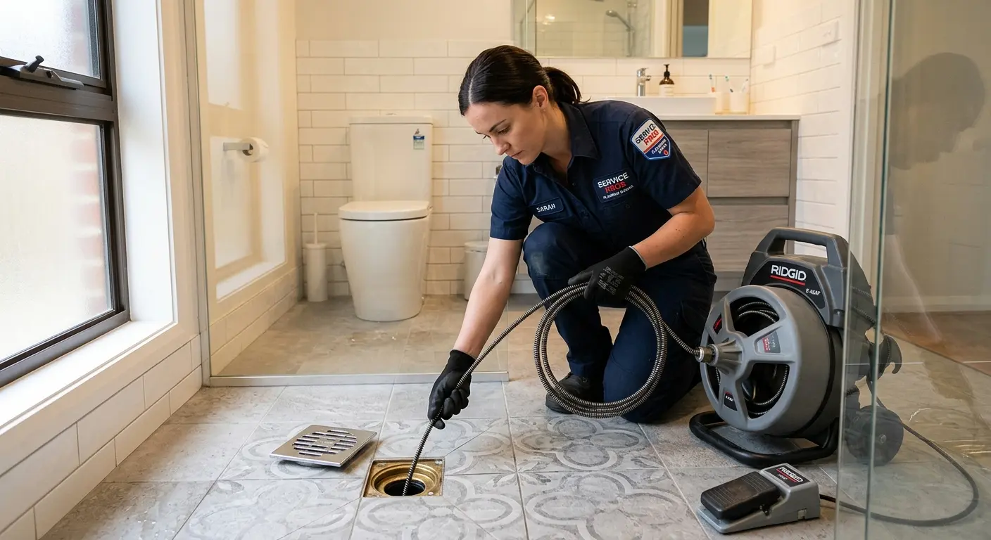 Technician clearing a bathroom floor drain for Drain Cleaning in Pocatello